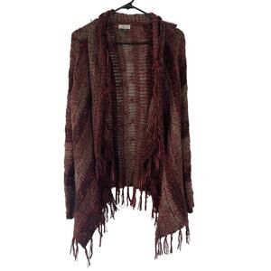 Mismash Women's Size XS/S Burgundy Knit Open Front Fringe Boho Cardigan‎ Sweater